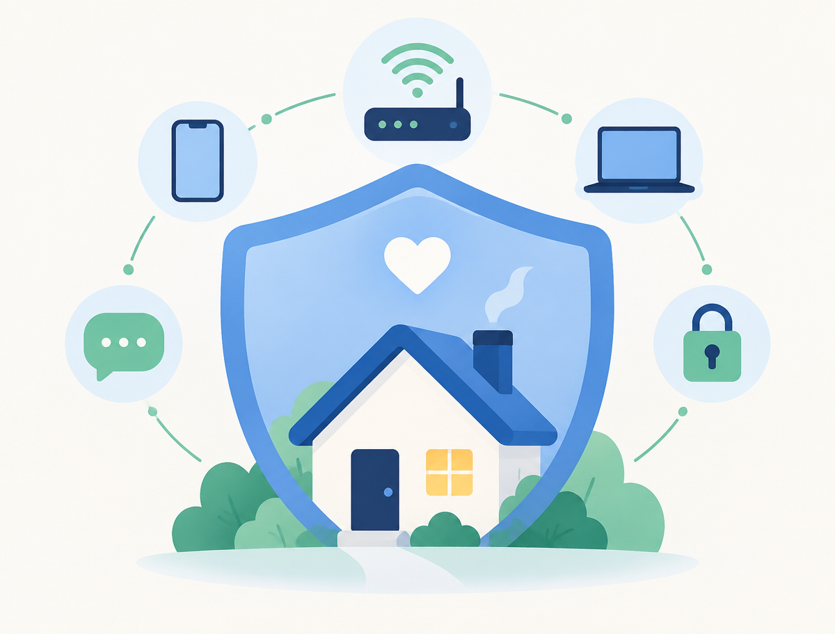 Ilustración cálida de un escudo protector sobre una casa rodeada de dispositivos conectados